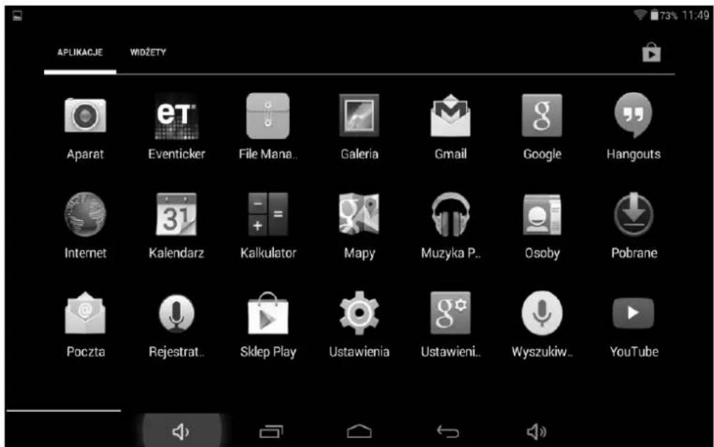 APLIKACJE WIDŻETY Aparat Eventicker File Mana.. Galeria Gmail Google Hangouts Internet Kalendarz Kalkulator Mapy Muzyka P.. Osoby Pobrane Poczta Rejestrat.. Sklep Play Ustawienia Ustawieni.. Wyszukiw.. YouTube