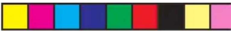 Color swatch bar with eight distinct squares in yellow, magenta, cyan, blue, green, red, black, and light pink (no text or symbols)