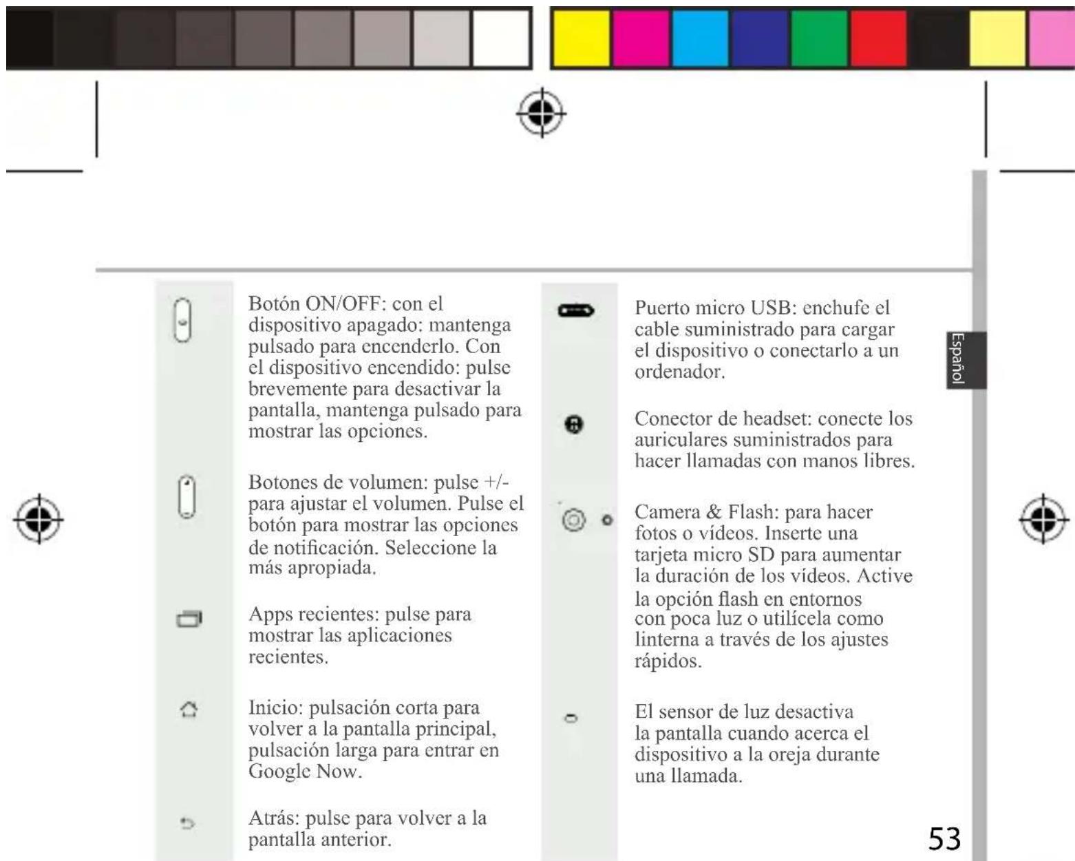 Botón ON/OFF: con el dispositivo apagado: mantenga pulsado para encenderlo. Con el dispositivo encendido: pulse brevemente para desactivar la pantalla, mantenga pulsado para mostrar las opciones. Botones de volumen: pulse +/- para ajustar el volumen. Pulse el botón para mostrar las opciones de notif…