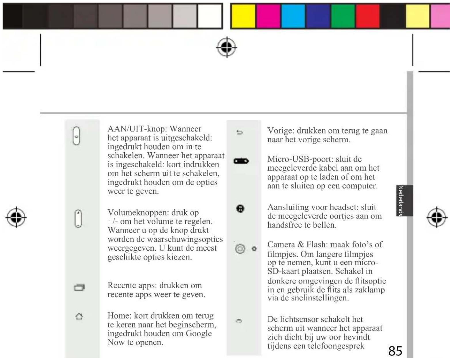 AAN/UIT-knop: Wanneer het apparaat is uitgeschakeld: ingedrukt houden om in te schakelen. Wanneer het apparaat is ingeschakeld: kort indrukken om het scherm uit te schakelen, ingedrukt houden om de optics weer te geven. Volumeknoppen: druk op +/- om het volume te regelen. Wanneer u op de knop drukt…