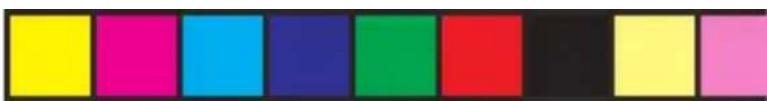 Color swatch bar with eight distinct color blocks (yellow, magenta, cyan, blue, green, red, black, yellow, pink) on white background