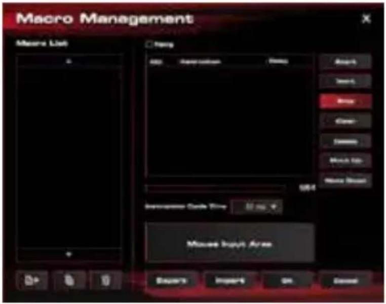 Macro Management Macro List Famp M2: Composition None Attack Down Stop Clear Down Mock Tab Macro Break USB Intersegment Code Tree 50 ms Mouse Input Area Bench Insert OK Cancel