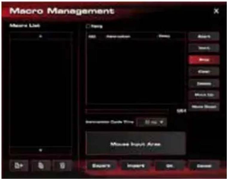 Macro Management Macro List Macro List 102 Generation Press Enterator Code Time 10 ms Mouse Input Area Export Insert OK Cancel