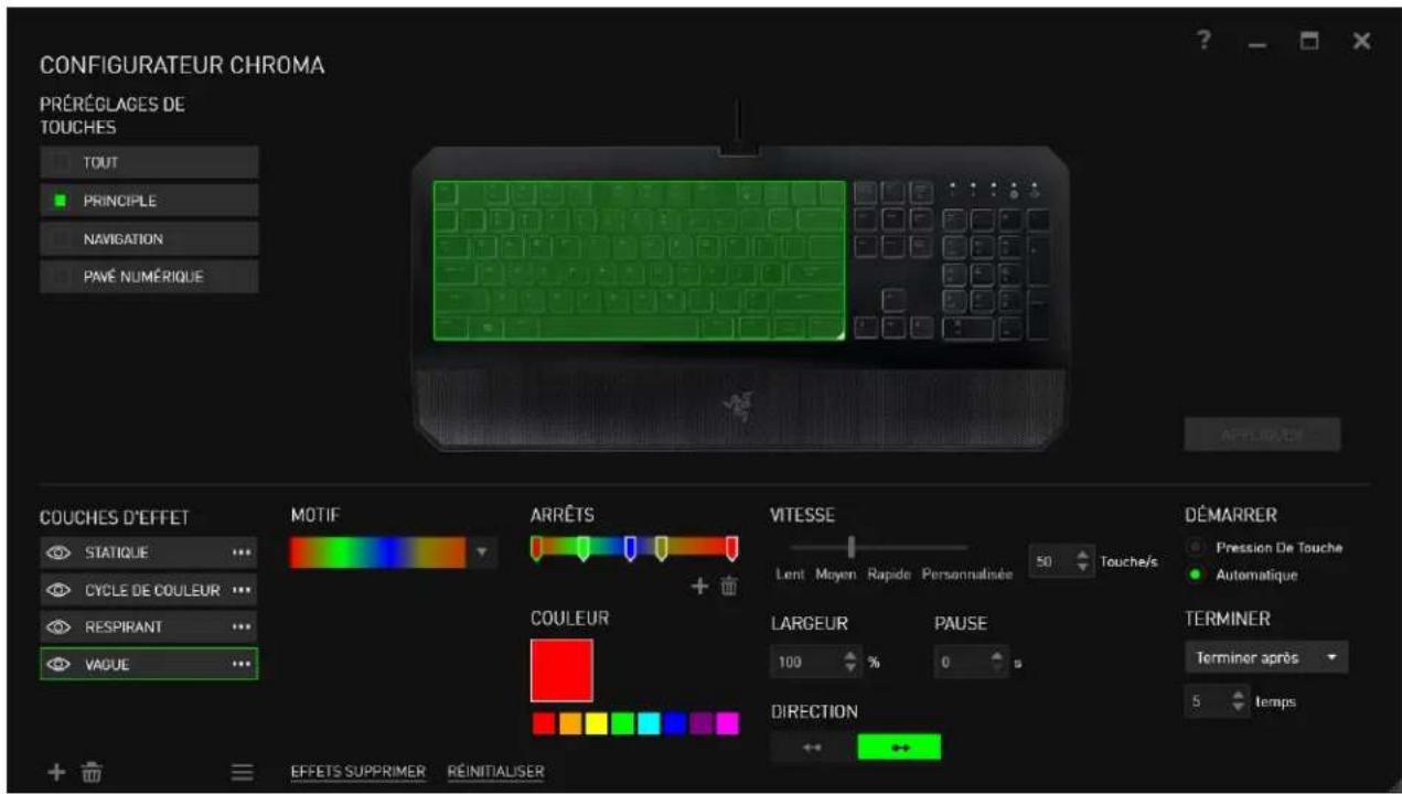CONFIGURATEUR CHROMA PRÉRÉGLACES DE TOUCHES TOUT PRINCIPLE NAVIGATION PAVÉ NUMÉRIQUE COUCHES D'EFFET STATIQUE CYCLE DE COULEUR RESPIRANT VAGUE MOTIF ARRÊTS COULEUR VITESSE Lent Moyen Rapide Personnalisée 50 Touche/s DÉMARRER Pression De Touche Automatique TERMINER Terminer après 5 Temps EFFECTS SUPPRIMER REINITIALISER