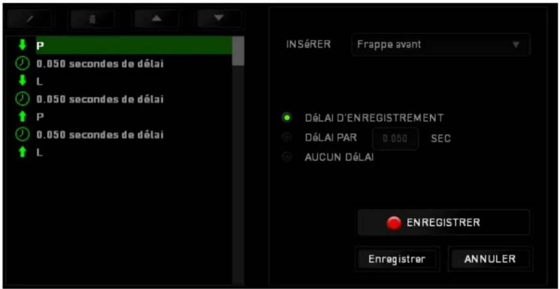 P 0.050 secondes de délai L 0.050 secondes de délai P 0.050 secondes de délai L INSÉRER Frappe avant DÉLAI D'ENREGISTREMENT DÉLAI PAR 0.050 SEC AUCUN DÉLAI ENREGISTRER Enregistrer ANNULER