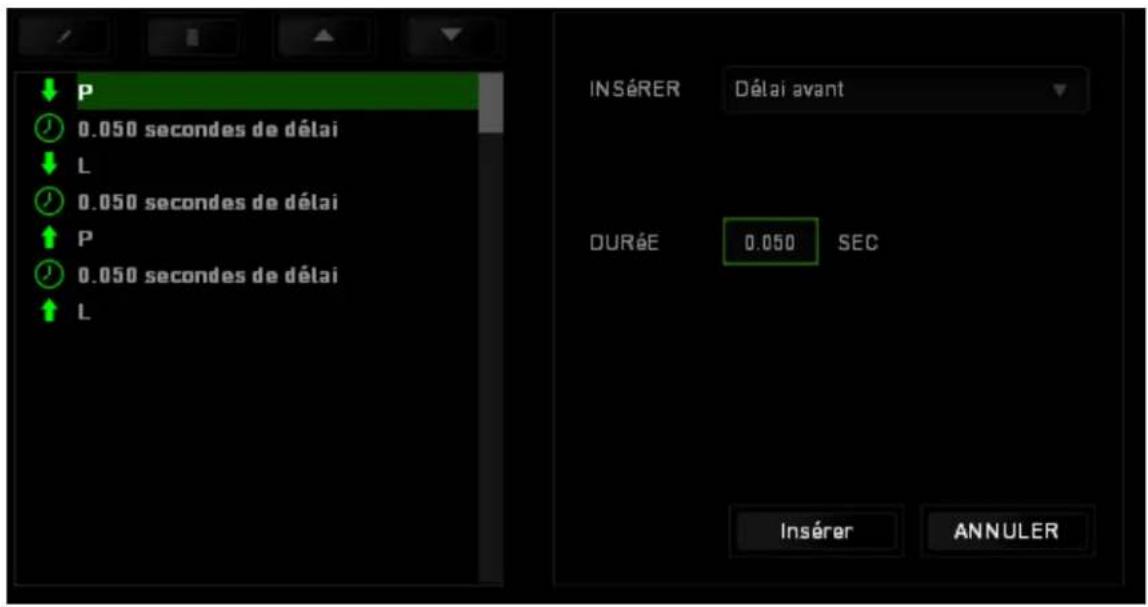 P 0.050 secondes de délai L 0.050 secondes de délai P 0.050 secondes de délai L INSÉRER Délai avant DURÉE 0.050 SEC Insérer ANNULER