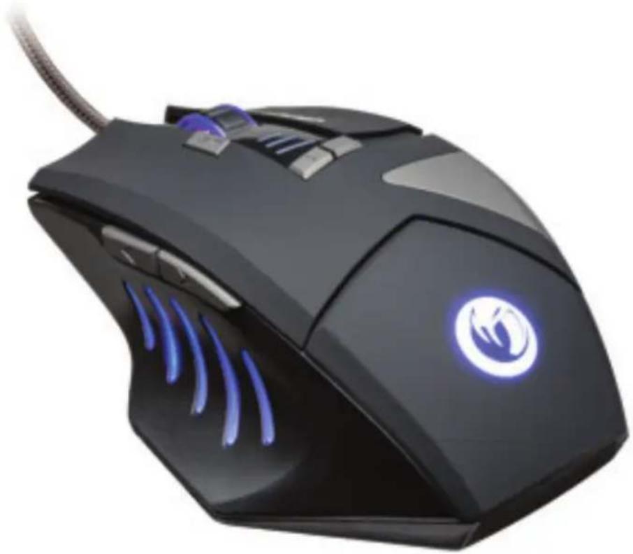 Black and white image of a futuristic computer mouse with blue LED trails and a circular logo (no text or symbols visible)