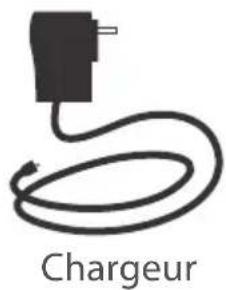 Simple line drawing of a plug connected to a coiled cable, labeled 'Chargeur' below (no other text or symbols).