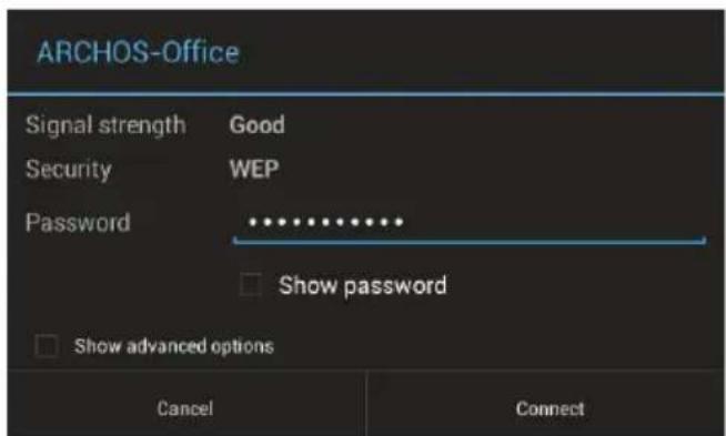 ARCHOS-Office Intensidad de señal Buena Seguridad WEP Contraseña •••••••••• □ Mostrar contraseña □ Mostrar opciones avanzadas Cancelar Conectar