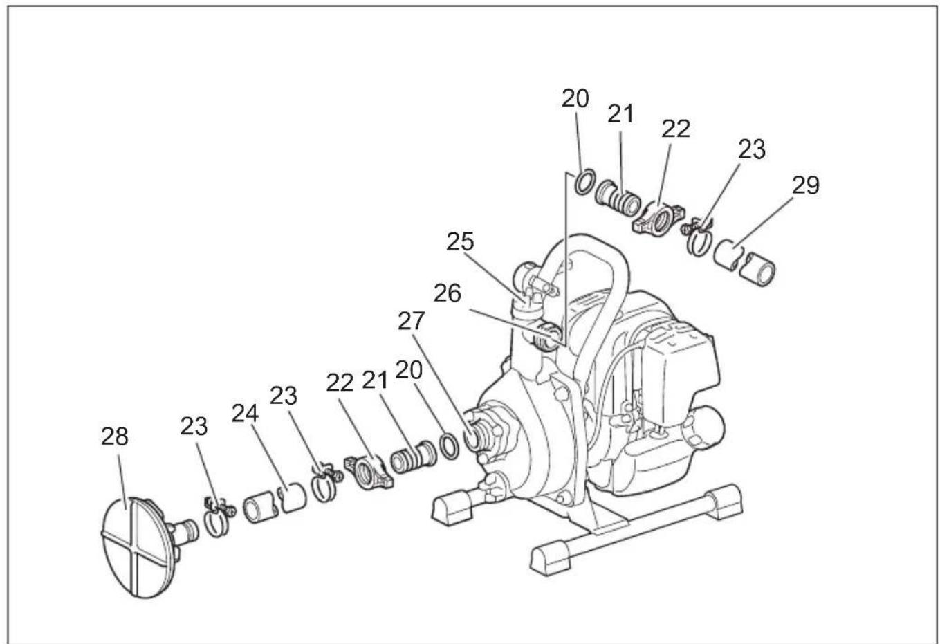 Technical diagram of a mechanical pump assembly with numbered parts for identification