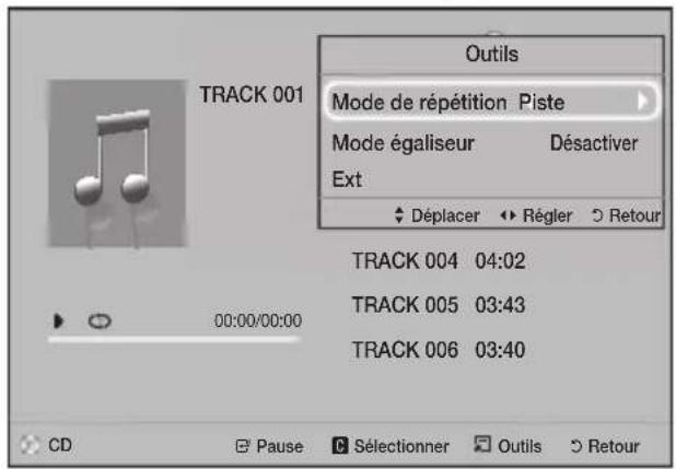 Outils MODE de répétition Piste Mode égaliseur Désactiver Ext Déplacer Régler Retour TRACK 004 04:02 TRACK 005 03:43 TRACK 006 03:40 CD Pause Sélectionner Outils Retour