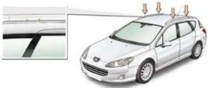 Illustration of a white car with roof damage and arrows indicating impact, shown alongside an inset image of the road surface (no text or symbols present)