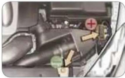 Interior view of a vehicle showing engine compartment with visible wiring and components (no text or symbols)