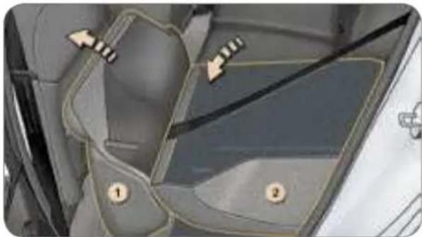 Interior view of a vehicle showing two numbered compartments with directional arrows indicating movement or flow (no text or symbols present)