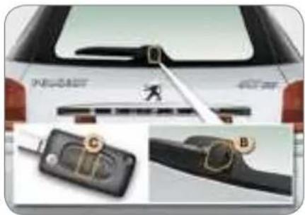 Car rearview diagram with labeled parts and close-up of key components including a switch and ring mechanism
