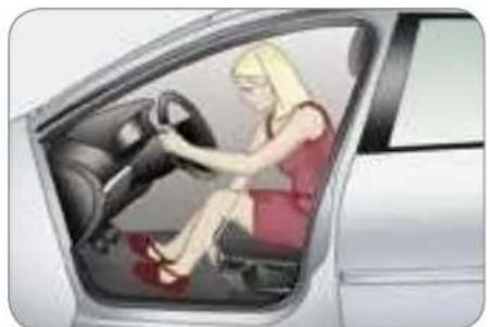 Illustration of a woman sitting in a car, viewed from the side window (no text or symbols visible)