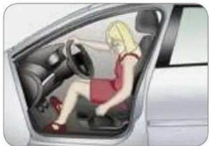 Illustration of a woman sitting in a car's driver's seat, viewed from the side window (no text or symbols)