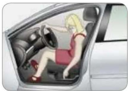 Illustration of a woman sitting in a car, viewed from the side window (no text or symbols visible)