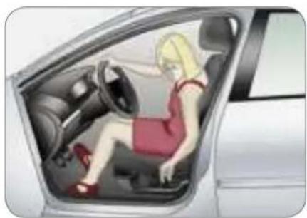 Illustration of a woman sitting in a car's driver's seat, viewed from the side (no text or symbols present)