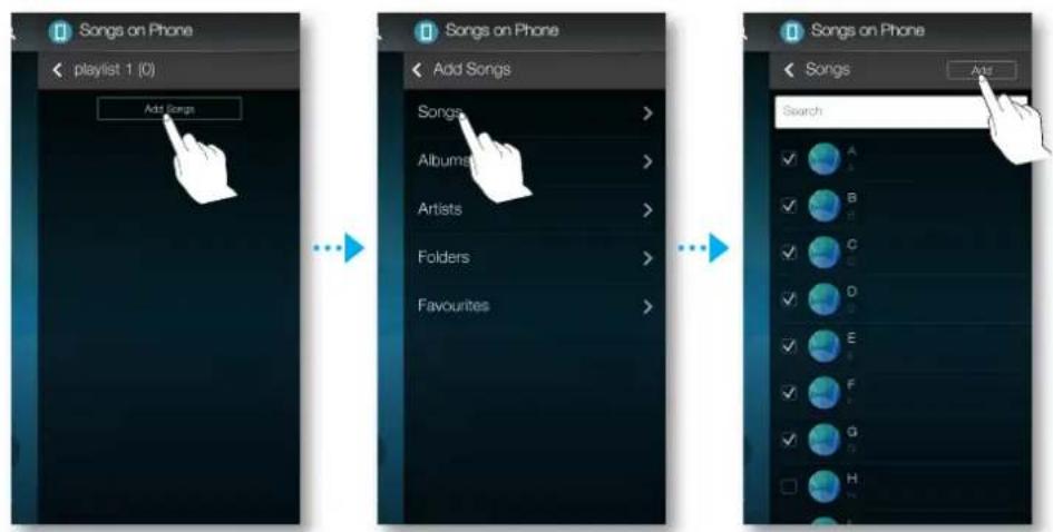 Songs on Phone < playlist 1 (0) Add Songs Songs on Phone < Add Songs Songs > Albumers > Artists > Folders > Favourites > Songs Search A B C D E F G H I