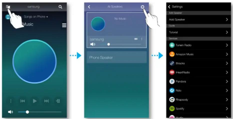 samsung Songs: Songs on Phone Music All Speakers No Music samsung Phone Speaker Settings Add Speaker Add Speaker Guide Tutorial Services Tunen Radio Amazon Music 8tracks HeartRadio Pandora Radio Phapsody Spotify Music