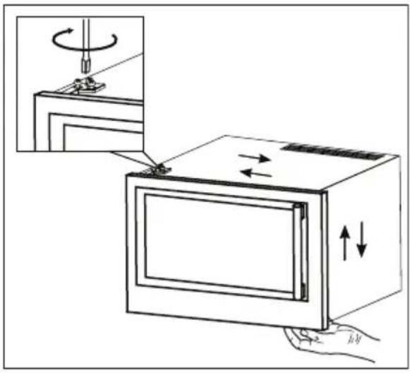 Diagram showing a microwave oven with rotating arm and hand gesture, illustrating electrical or mechanical operation.