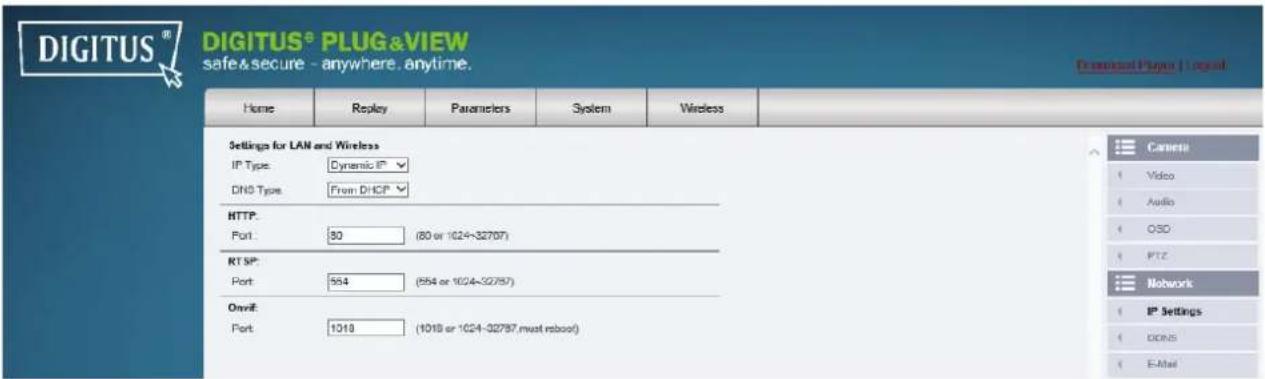 DIGITUS® DIGITUS® PLUG&VIEW safe&secure - anywhere, anytime. Home Replay Parameters System Wireless Settings for LAN and Wireless IP Type: Dynamic IP DNS Type: From DHCP HTTP: Port: 80 (80 or 1024~32787) RT SP: Port: 554 (554 or 1024~32787) Onsite: Port: 1018 (1018 or 1024~32787,must reboot) Camera…