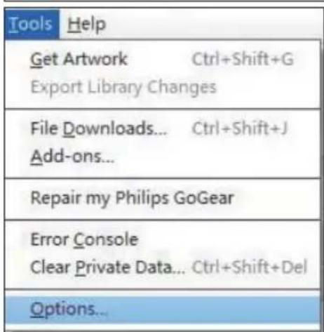 Tools Help Get Artwork Ctrl+Shift+G Export Library Changes File Downloads... Ctrl+Shift+J Add-ons... Repair my Philips GoGear Error Console Clear Private Data... Ctrl+Shift+Del Options...
