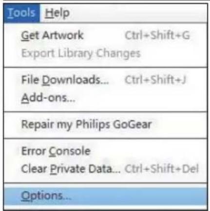 Tools Help Get Artwork Ctrl+Shift+G Export Library Changes File Downloads... Ctrl+Shift+J Add-ons... Repair my Philips GoGear Error Console Clear Private Data... Ctrl+Shift+Del Options...