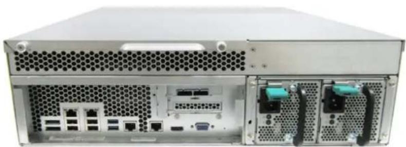 Front view of a server rack unit showing front panel, rear panel, and internal components (no visible text or labels)