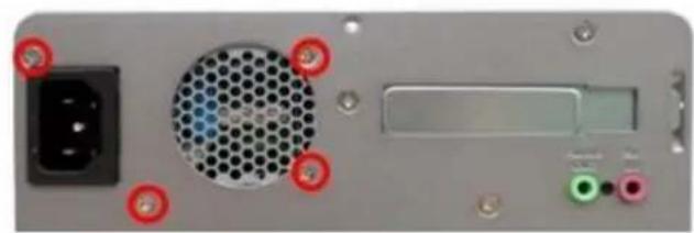 Back panel of a computer drive showing ports, socket, and indicator lights (no readable text or symbols)