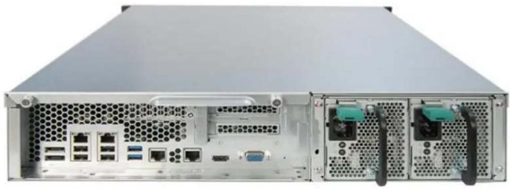 Front view of a server rack with ports and connectors, showing front and back views (no visible text or labels)