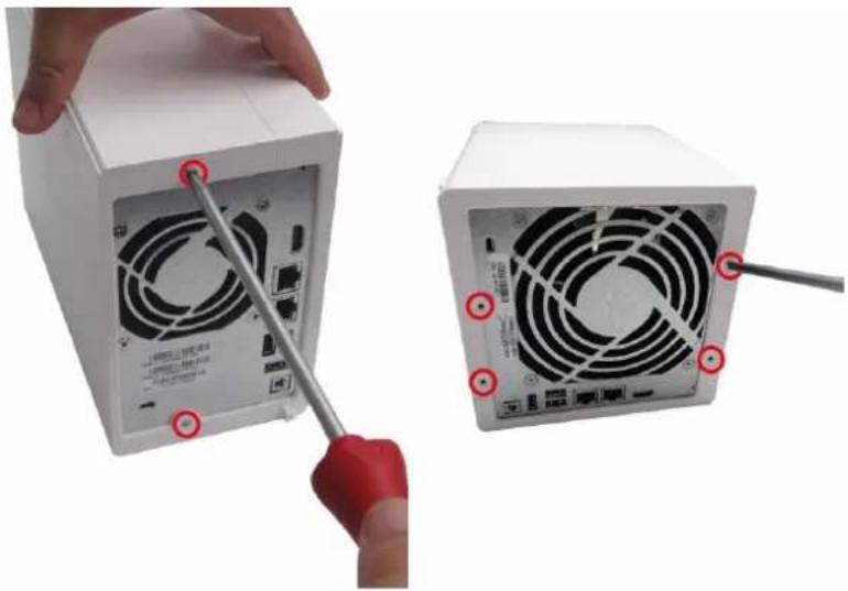 Two views of a computer tower with visible fan blades and screwdriver, showing mechanical components (no text or symbols)