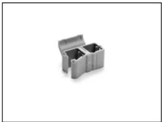 Gray plastic mechanical component with two internal cavities, no text or symbols visible