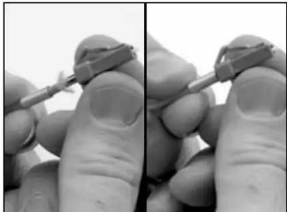 Close-up of a hand holding a small mechanical component, showing two views (no text or symbols visible)