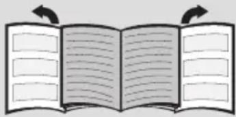 Illustration of an open book with blank pages and decorative arrows indicating text (no actual text or symbols)