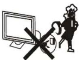 Warning symbol with crossed-out 'S' and a person wearing a mask, next to a computer monitor