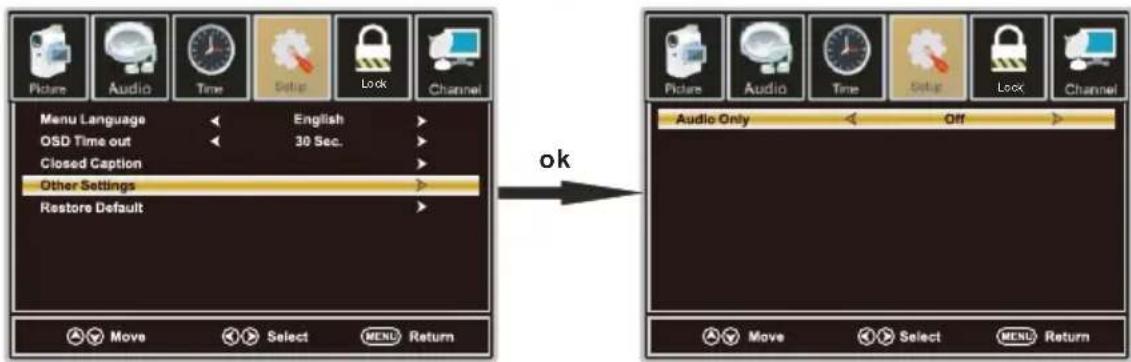 Picture Audio Time Delta Look Channel Menu Language English OSD Time out 30 Sec. Closed Caption Other Settings Restore Default ok Audio Only Off Move Select MENL Return Move Select MENL Return