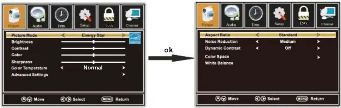 Picture Audio Time Setup Lock Channel Picture Mode Energy Star Brightness Contrast Color Sharpness Color Temperature Advanced Settings Normal Move Select MENU Return Impact Impact Audio Time Setup Lock Channel Aspect Ratio Standard Noise Reduction Medium Dynamic Contrast Off Color Space White Balanc…