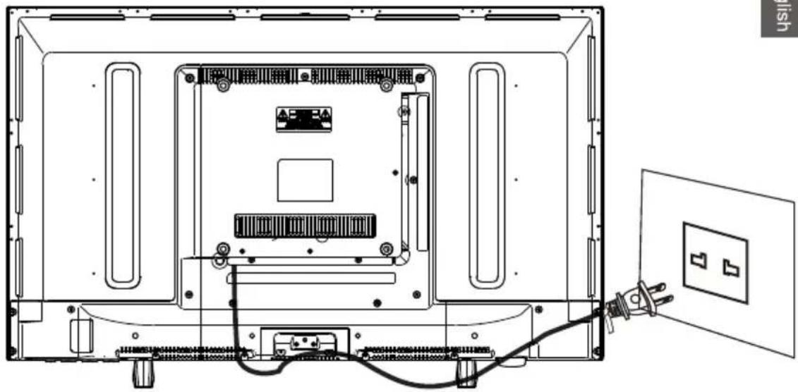 Technical line drawing of an electronic device rear panel with cable and connectors, no text or symbols present
