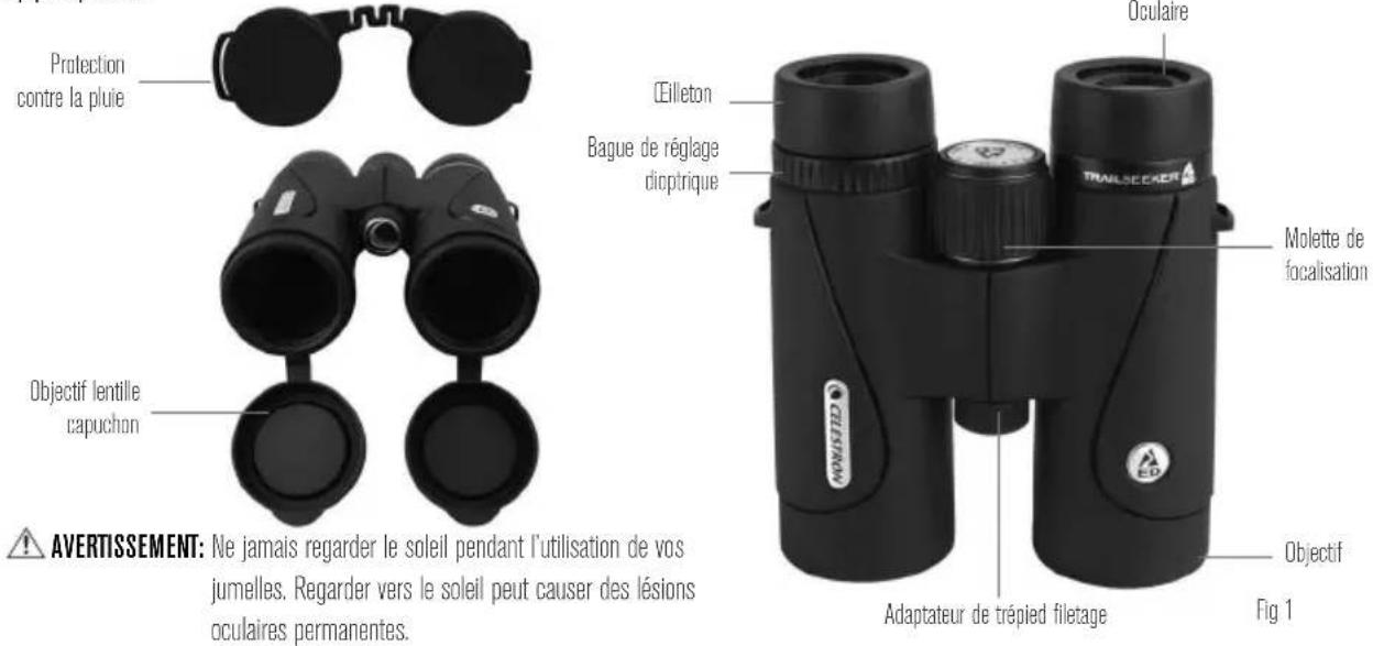Protection contre la pluie Objectif lentille capuchon Ceilleton Bague de réglage dioptrique Uculaire MALETTESEER Molette de focalisation Objectif Adaptateur de trépied filetage Fig 1 AVERTISSEMENT: Ne jamais regarder le soleil pendant l'utilisation de vos jumelles. Regarder vers le soleil peut cause…