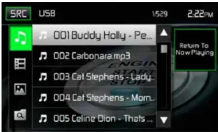 SRC USB 1/529 2:22PM 001 Buddy Holly - Pe... 002 Carbonara.mp3 003 Cat Stephens - Lady... 004 Cat Stephens - Morn... 005 Celine Dion - Thats ... Return To Now Playing