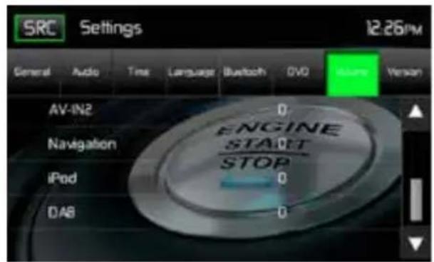 SRC Settings 12:26PM General Audio Time Language Bluetooth DVD Volume Version AV-IN2 0 Navigation ENGINE START STOP iPod 0 DAB 0