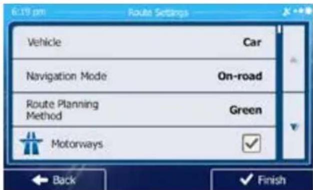 6:19 pm Route Settings Vehicle Car Navigation Mode On-road Route Planning Method Green Motorways Back Finish