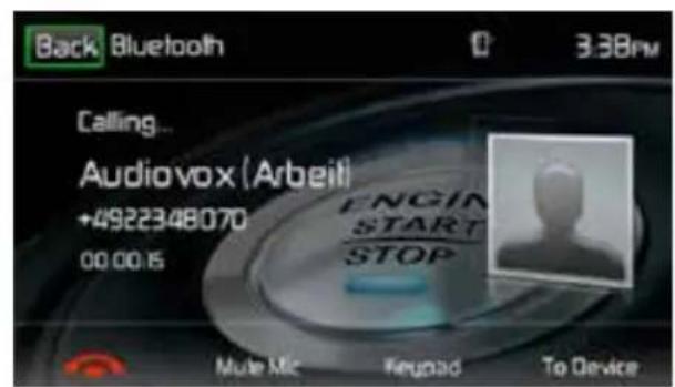 Back Bluetooth 3:38pm Calling... Audiovox (Arbeit) +4922348070 00 00 15 ENGIN START STOP Mute Mic Reputid To Device