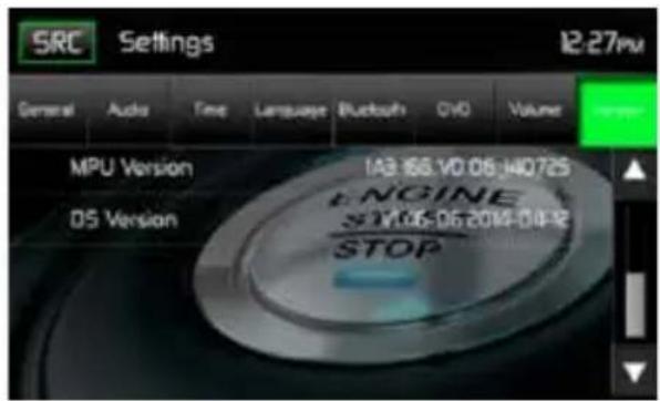 SRC Settings 12:27pm General Audio Fine Language Bluetooth CVD Volume MPU Version IA3-166.V0 06-140725 DS Version Engine STV106-06-2014-04-12 STOP