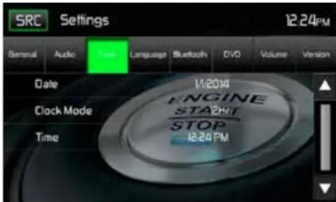 SRC Settings 12:24PM General Audio Free Language Bluetooth DVD Volume Version Date 1/2014 Cock Mode ENGINE STAIT STOP Time 12:24PM