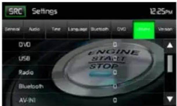 SRC Settings 12:25PM General Audio Time Language Bluetooth DVD Image Version DVD USB Radio Bluetooth AV-INI