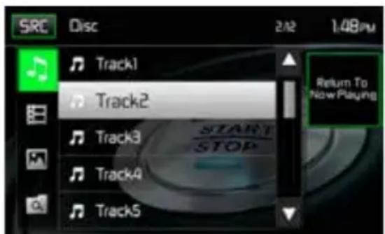 SRC Disc 2/12 1.48pm Track1 Track2 Track3 START STOP Track4 Track5 Return To Now Playing