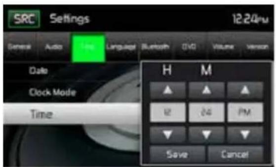 SRC Settings 12.24µ General Auto Top Lingualg Bluetooth (LVO) Volume Version Date Clock Mode Time H M ▲ ▲ ▲ M 04 PM ▼ ▼ ▼ Save Cancel